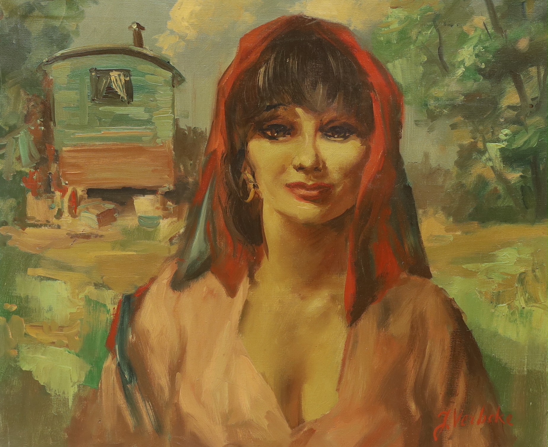 J. Verbske, oil on canvas, Portrait of a Romany woman, signed, 50 x 60cm, unframed